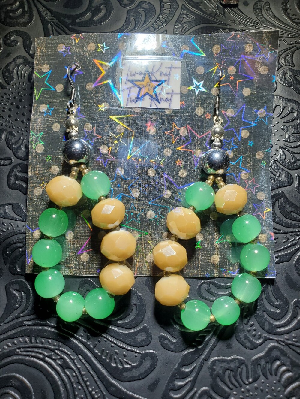 Green Beige Beaded Hoop Loop Dangle Earrings Retro Fairycore Glass Beads Boho